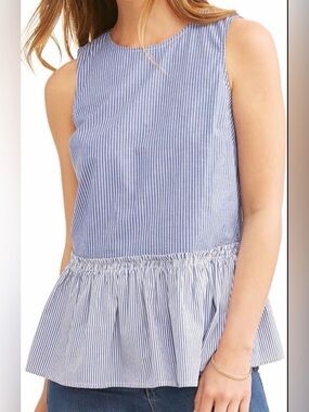 Time & Tru Blue White Striped Sleeveless Peplum Top L